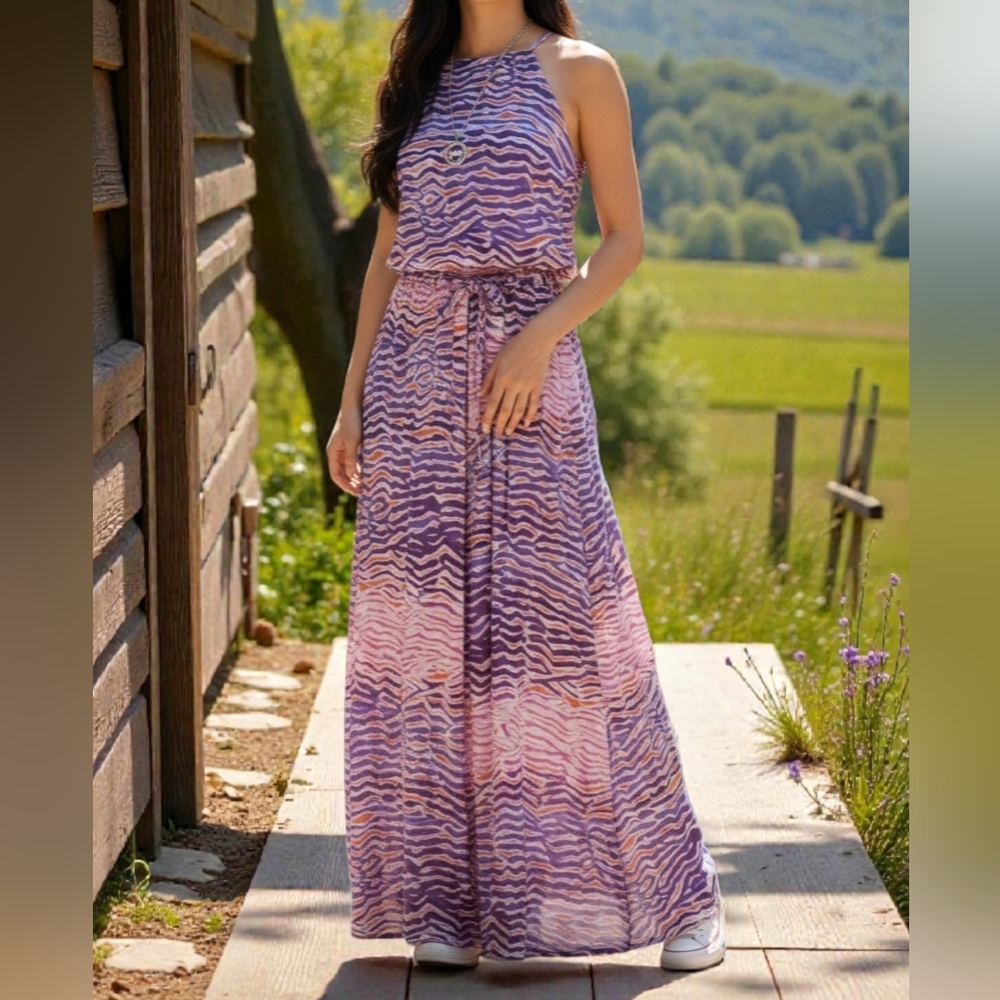 Tiger Lilly Cala Jondal Nwt, Pink Purple Wavy Patteen Wide Leg Jumpsuit